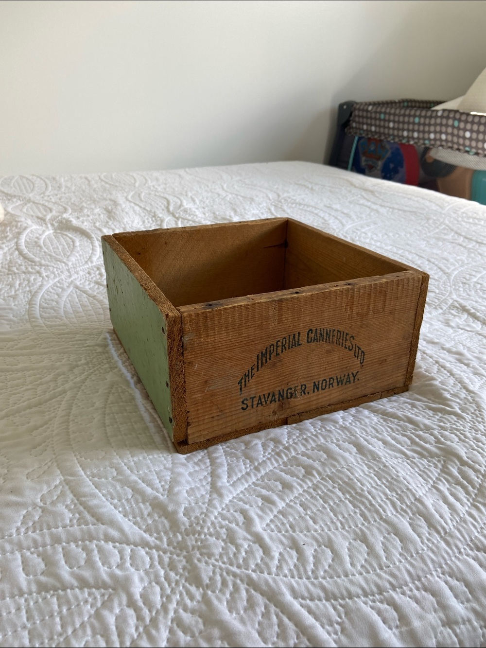 Imperial Canneries Rustic Wooden Storage Box in Natural Wood and Green